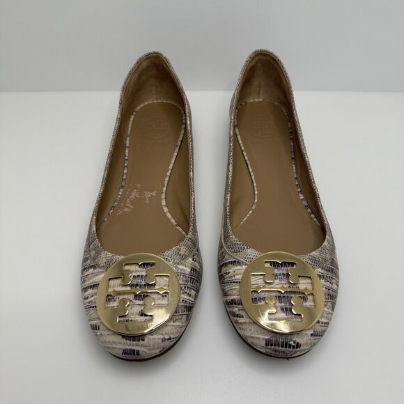 Tory Burch Animal Print Ballet Flats Gold Logo Women’s Size 9 M - Picture 1 of 11